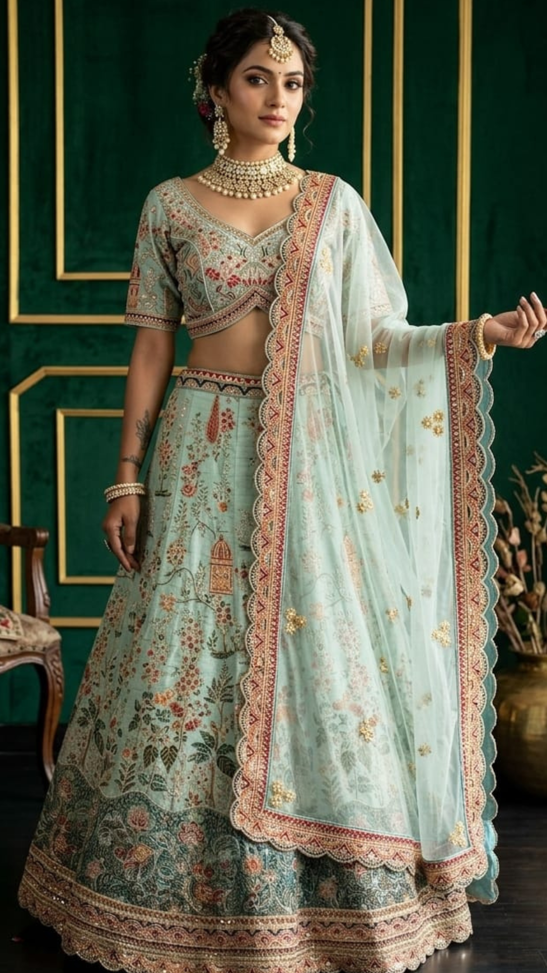 Mint Lehenga with Intricate Kalamkari-Style Embroidery and Contrast Border