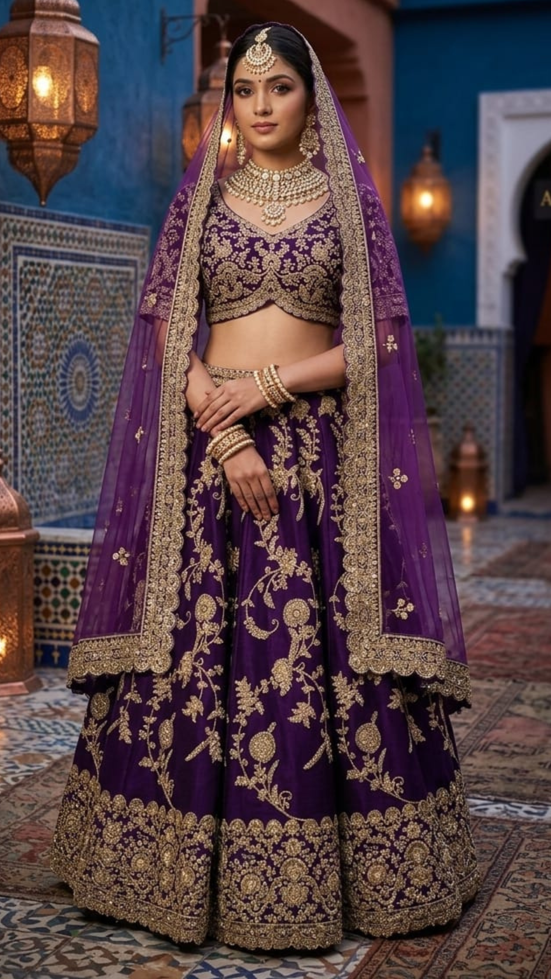 Imperial Violet Silk Lehenga with Golden Floral Vine Embroidery and Scalloped Net Dupatta