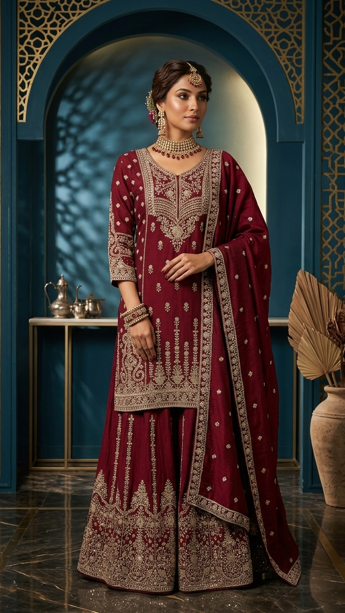Traditional Embroidered Gharara Suit in Maroon – Premium Festive Ensemble