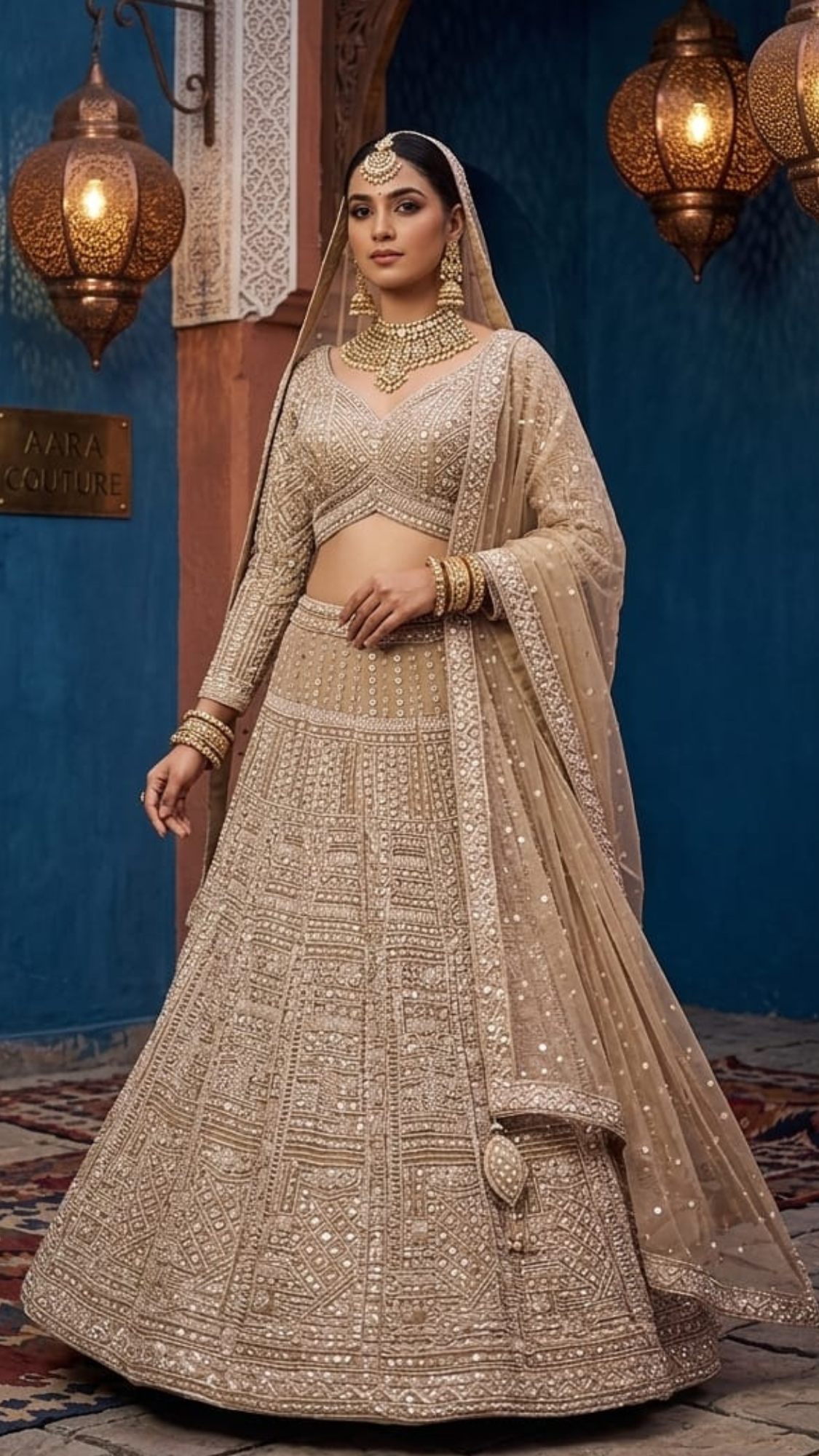 Champagne Gold Bridal Lehenga Choli with Intricate Mirror & Sequin Work