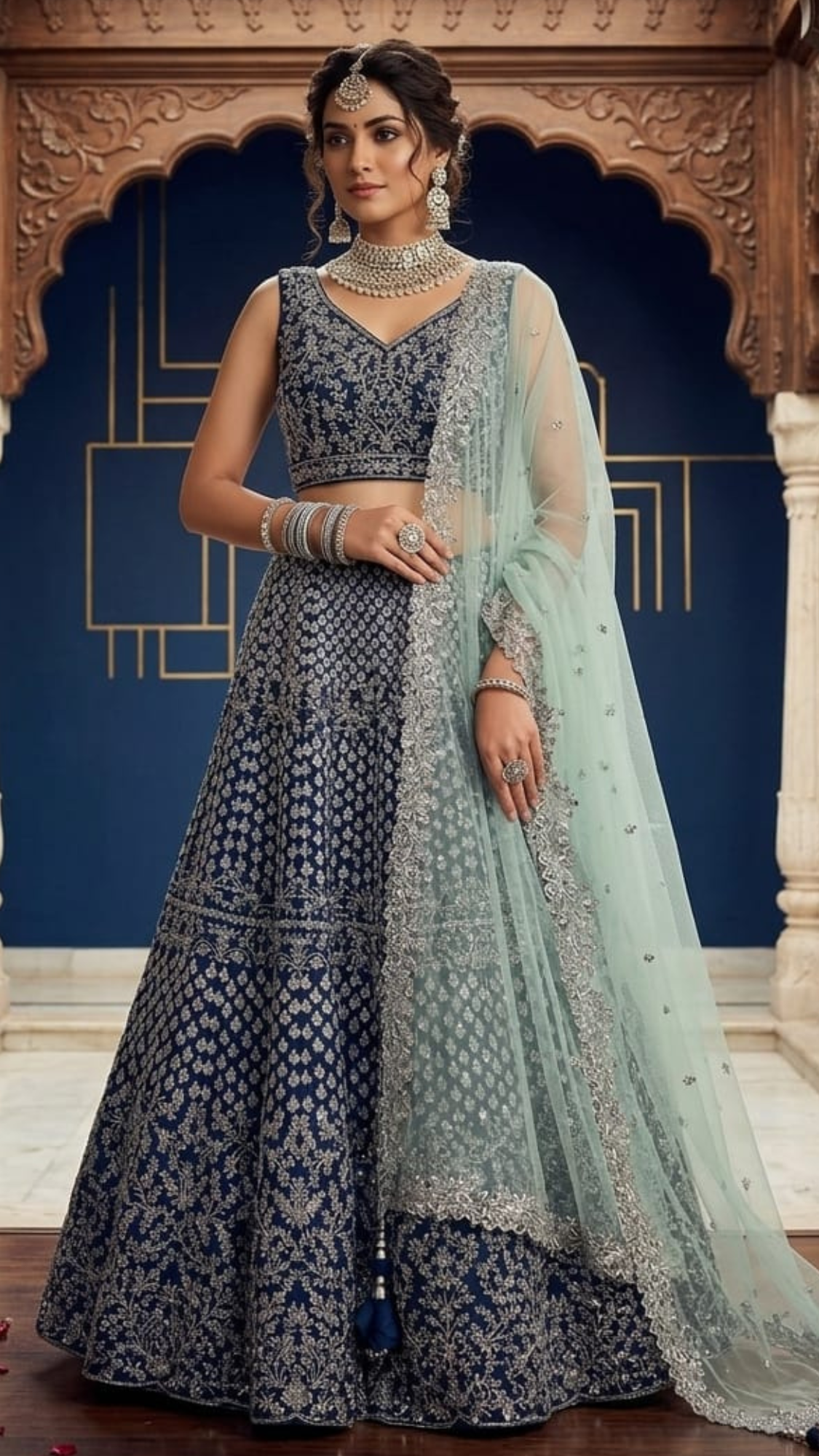Midnight Blue Designer Lehenga Set – Silver Zari Work Festive Wedding Wear