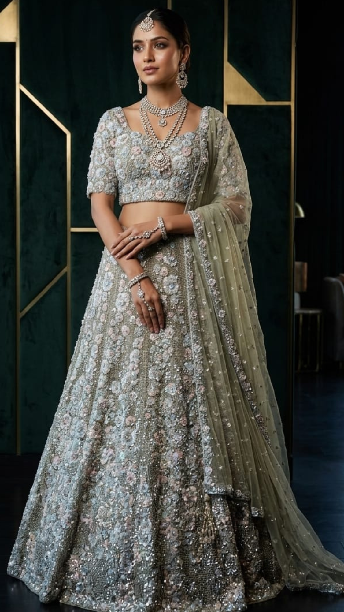 Pastel Seafoam Lehenga Set – Heavily Embroidered Wedding Couture
