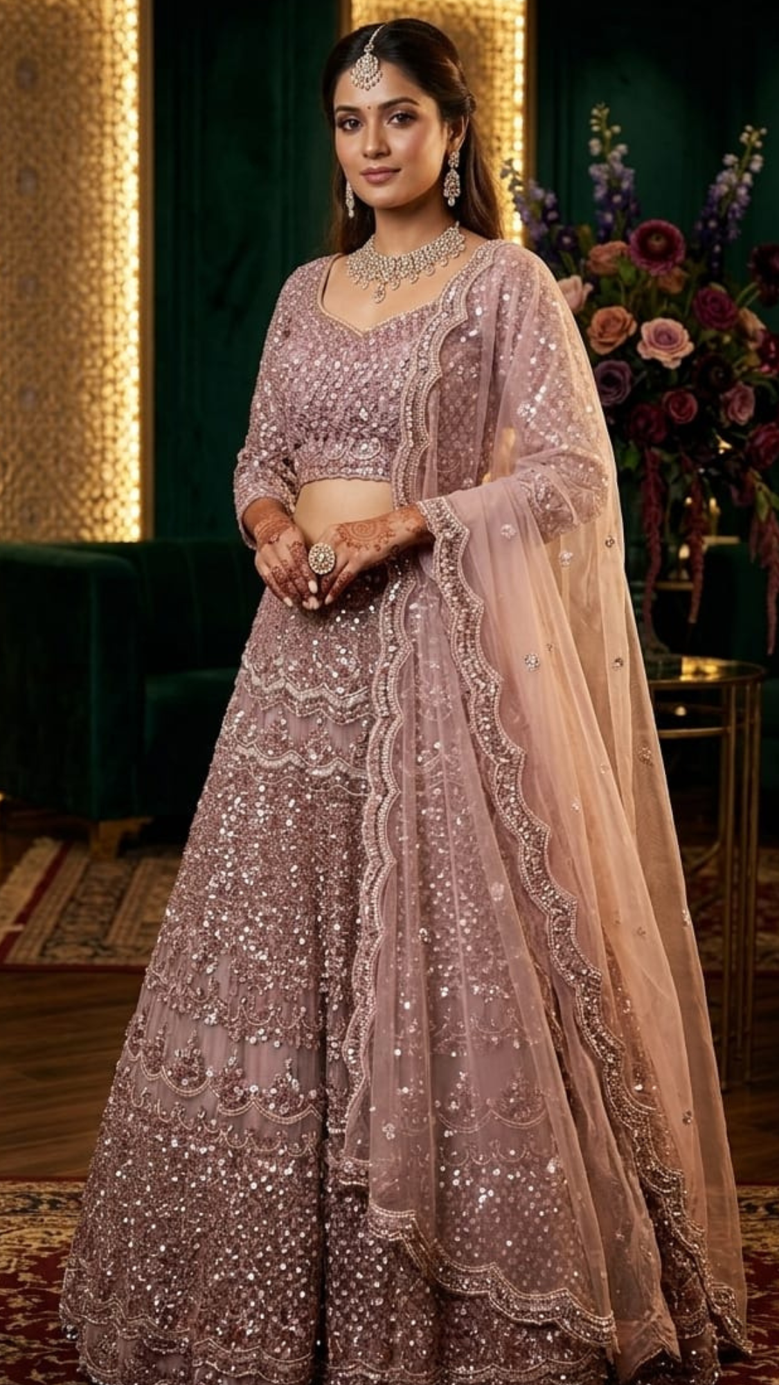 Mauve Pink Lehenga Set with Intricate Mirror-Work & Scalloped Borders
