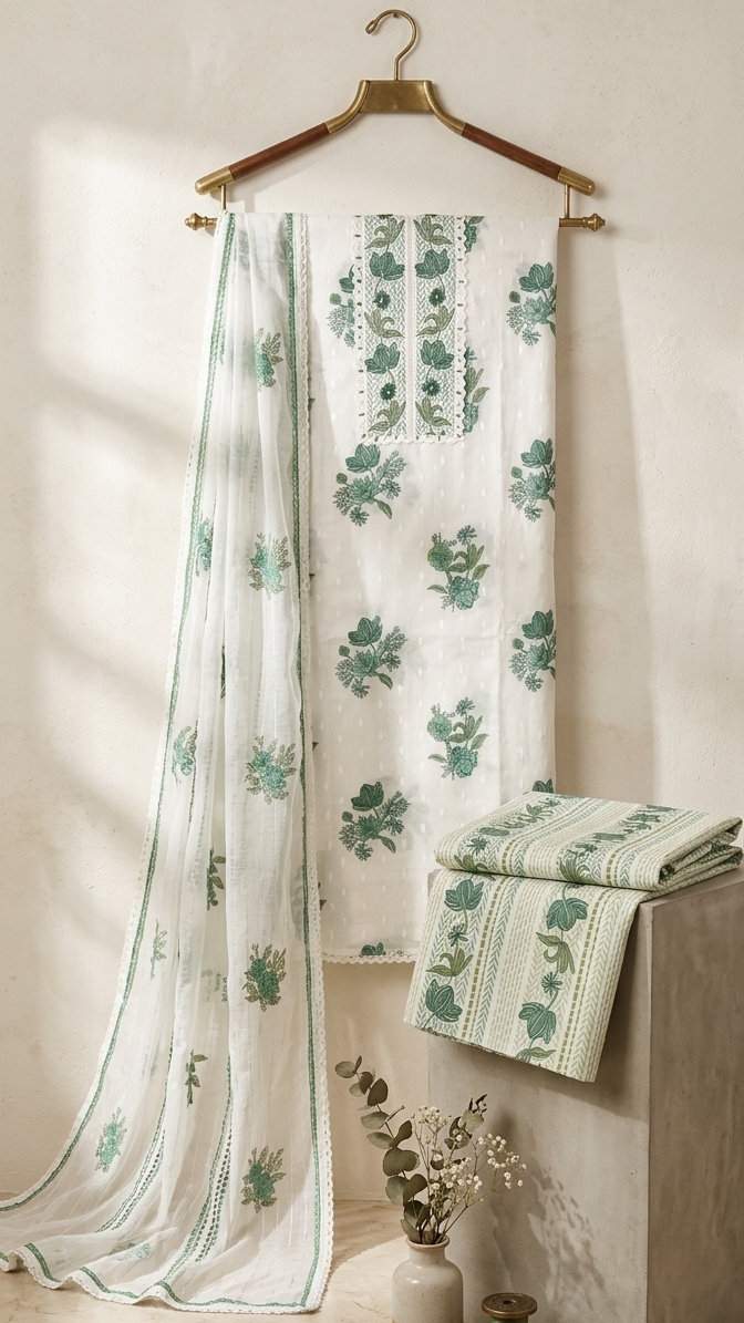 White Unstitched Suit Material with Emerald Green Botanical Embroidery & Delicate Lace Trim