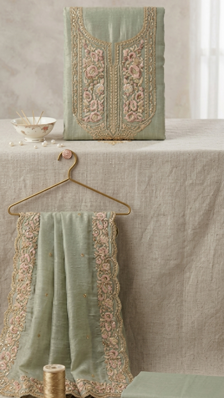 Mint Green Unstitched Suit Material with Heavy Golden Floral Embroidery & Sheer Dupatta