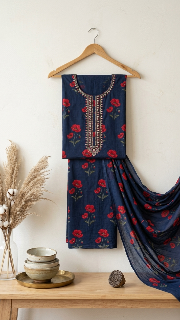 Midnight Navy Poppy Print Unstitched Suit Set