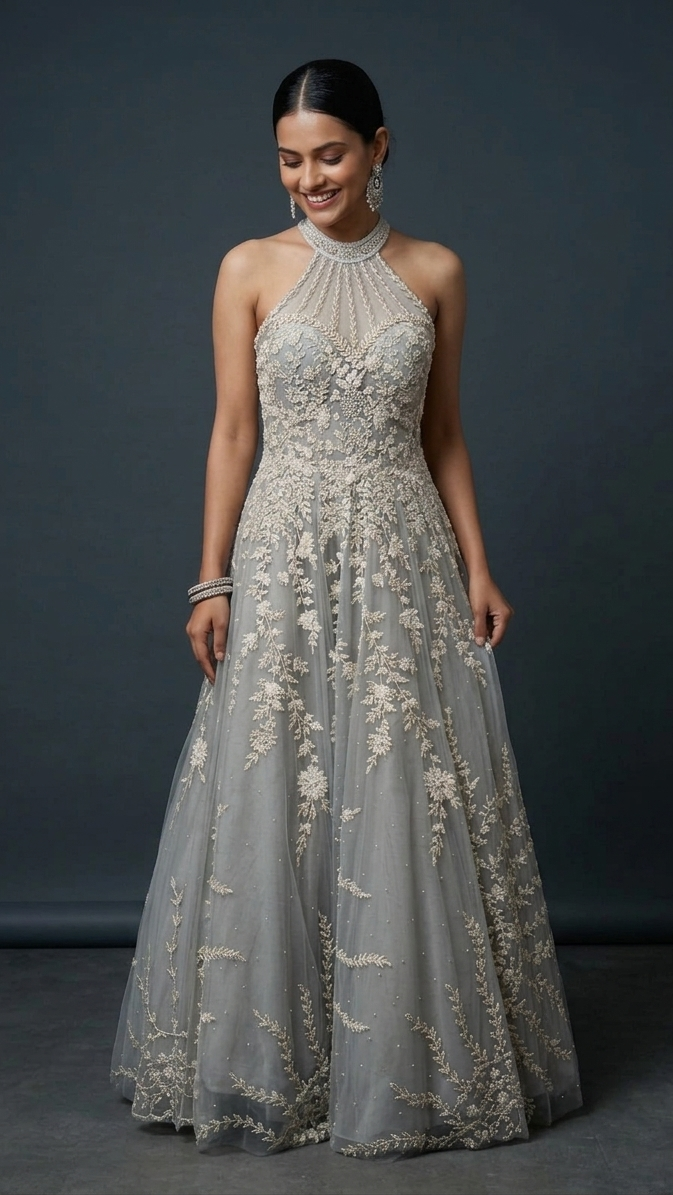 Silver Grey Sleeveless Evening Gown featuring Hand-Embroidered Lace Work