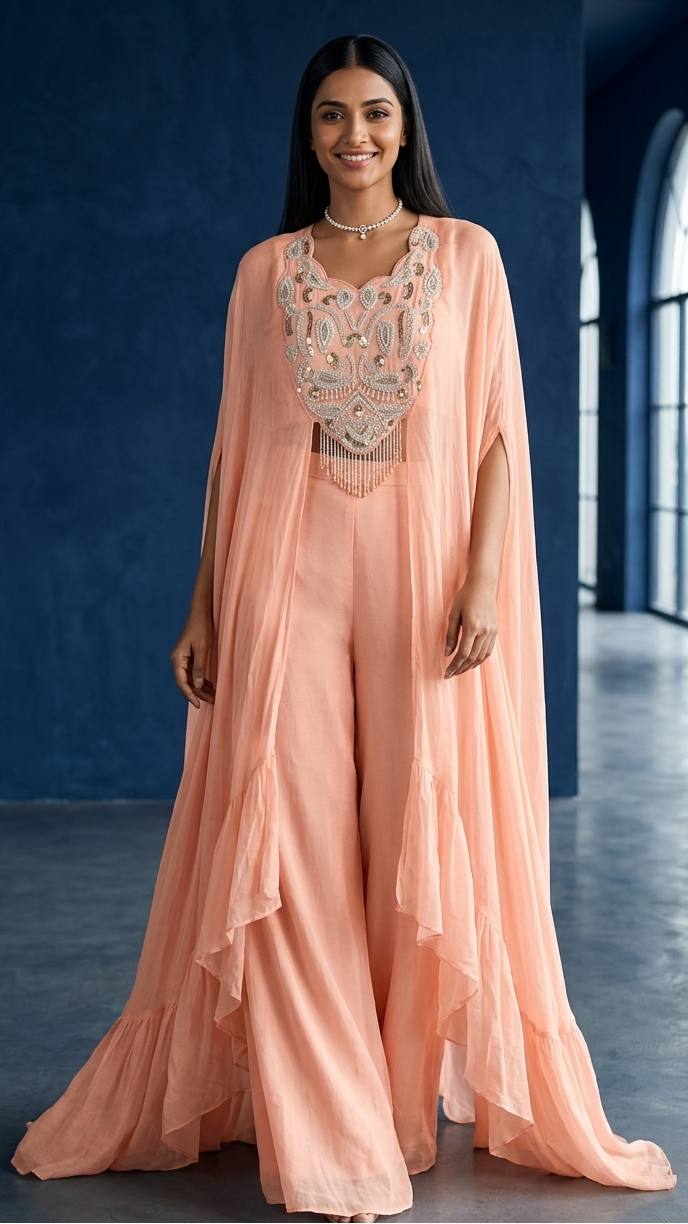 Pastel Peach Fusion Indo Western Wear Set with Hand-Embroidered Bodice