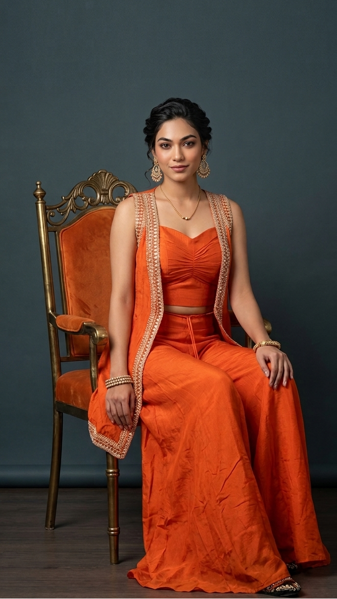 Burnt Orange Three-Piece Indo-Western Set with Embroidered Long Shrug