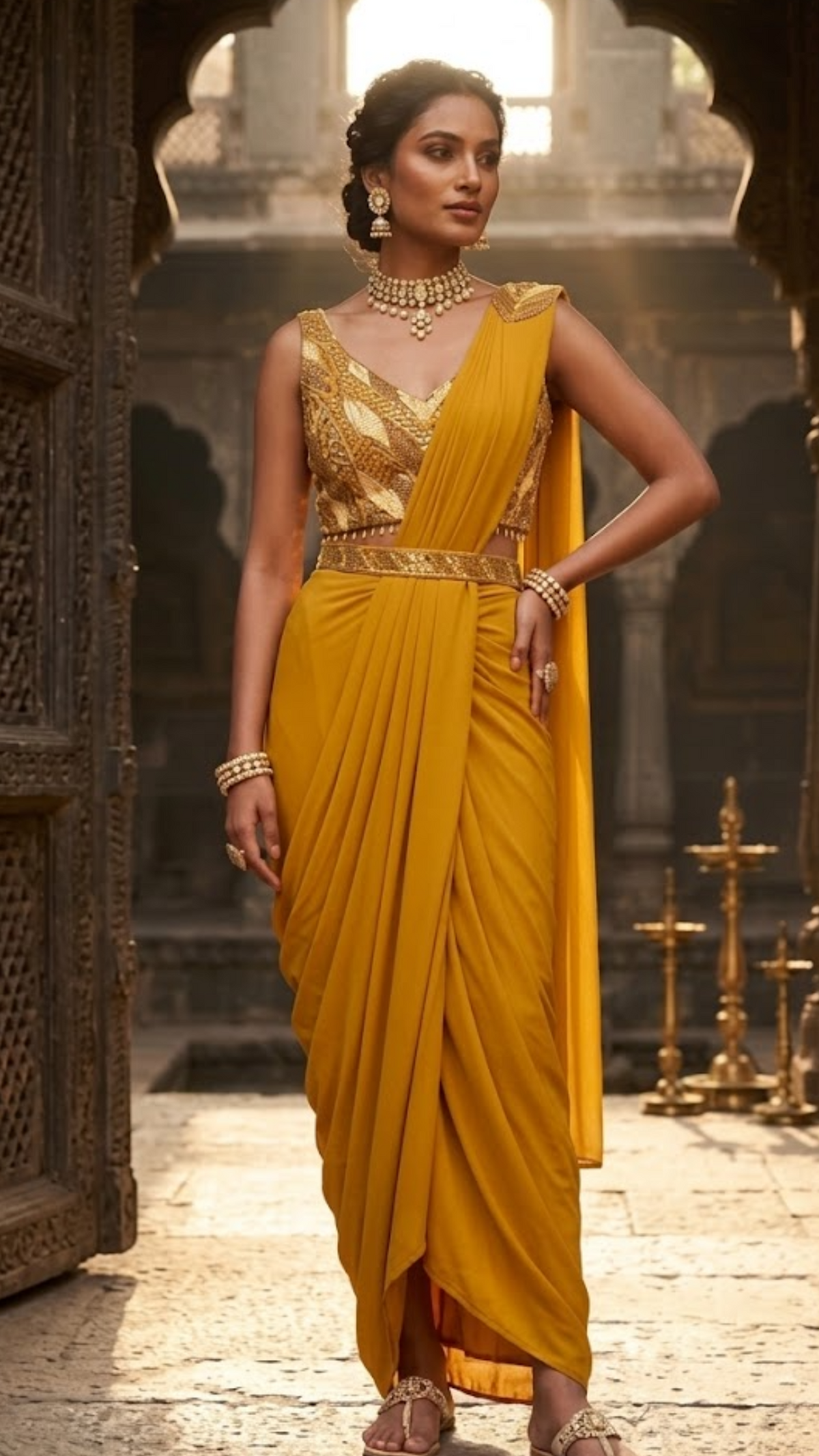 Mustard Yellow Dhoti Style Saree with Embroidered Sequin Blouse