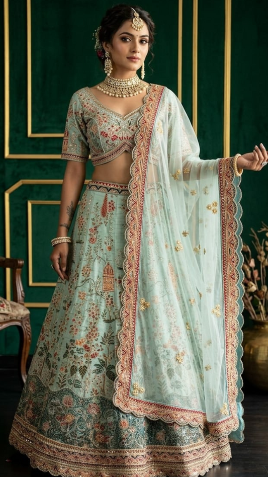 Mint Lehenga with Intricate Kalamkari-Style Embroidery and Contrast Border