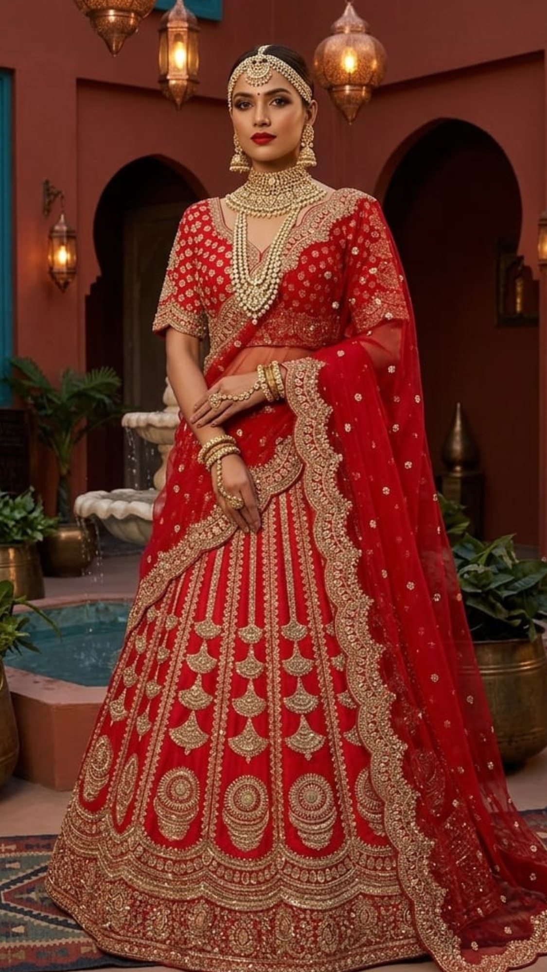 Deep Red Ethnic Wedding Lehenga Choli Set with Scalloped Border and Heavy Embroidery