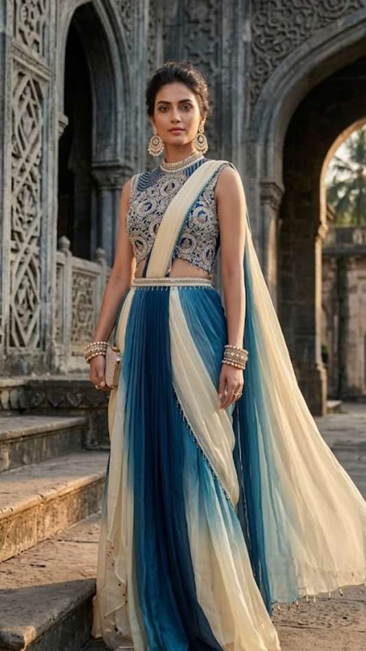 Teal and Ivory Ombre Ready-to-Wear Saree with Embroidered Blouse