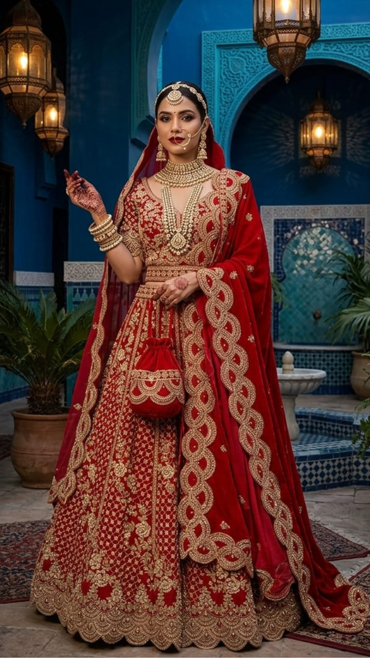Heritage Red Wedding Lehenga Choli - Heavy Zari Work Bridal Set with Scalloped Dupatta