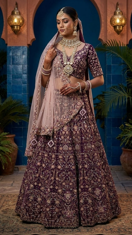 Deep Mulberry Wedding Lehenga Choli - Ornate Zari Work with Contrast Dupatta