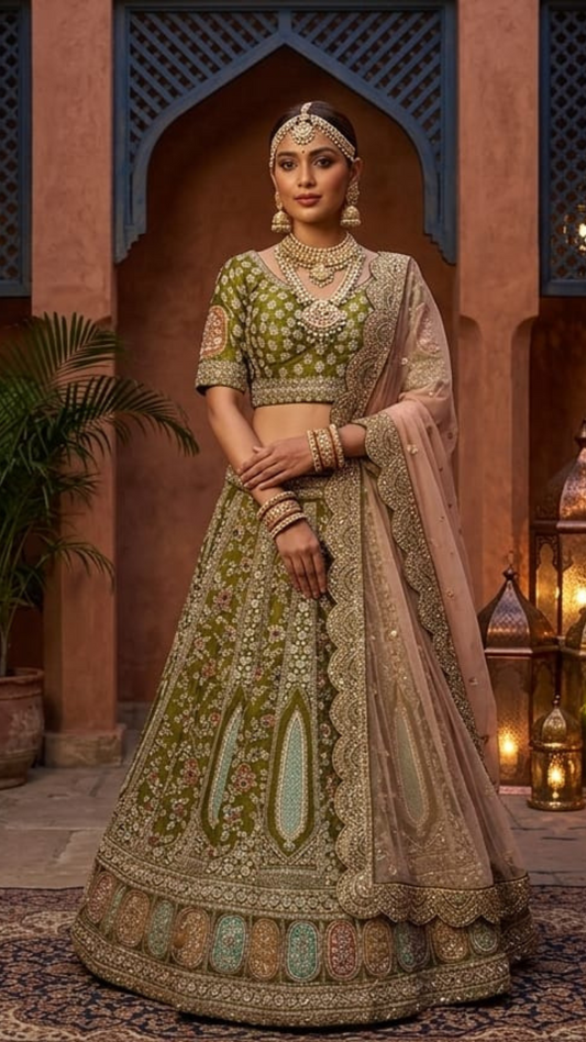 Olive Green Silk Lehenga with Multi-Color Zari Border and Contrasting Blush Net Dupatta