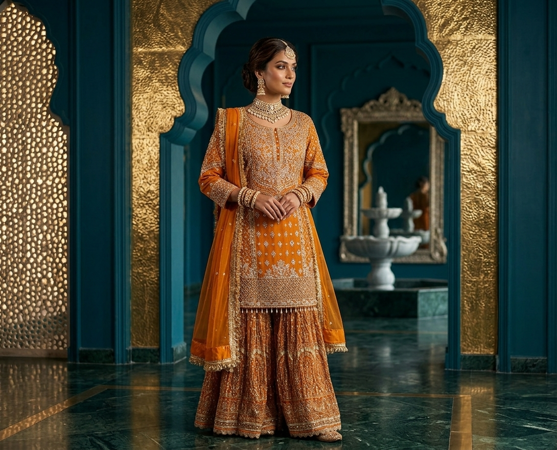 Designer Mustard Orange Sharara Suit – Festive Georgette Ethnic Wear