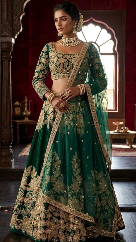 Designer Emerald Lehenga Set with Full Sleeve Blouse and Net Dupatta