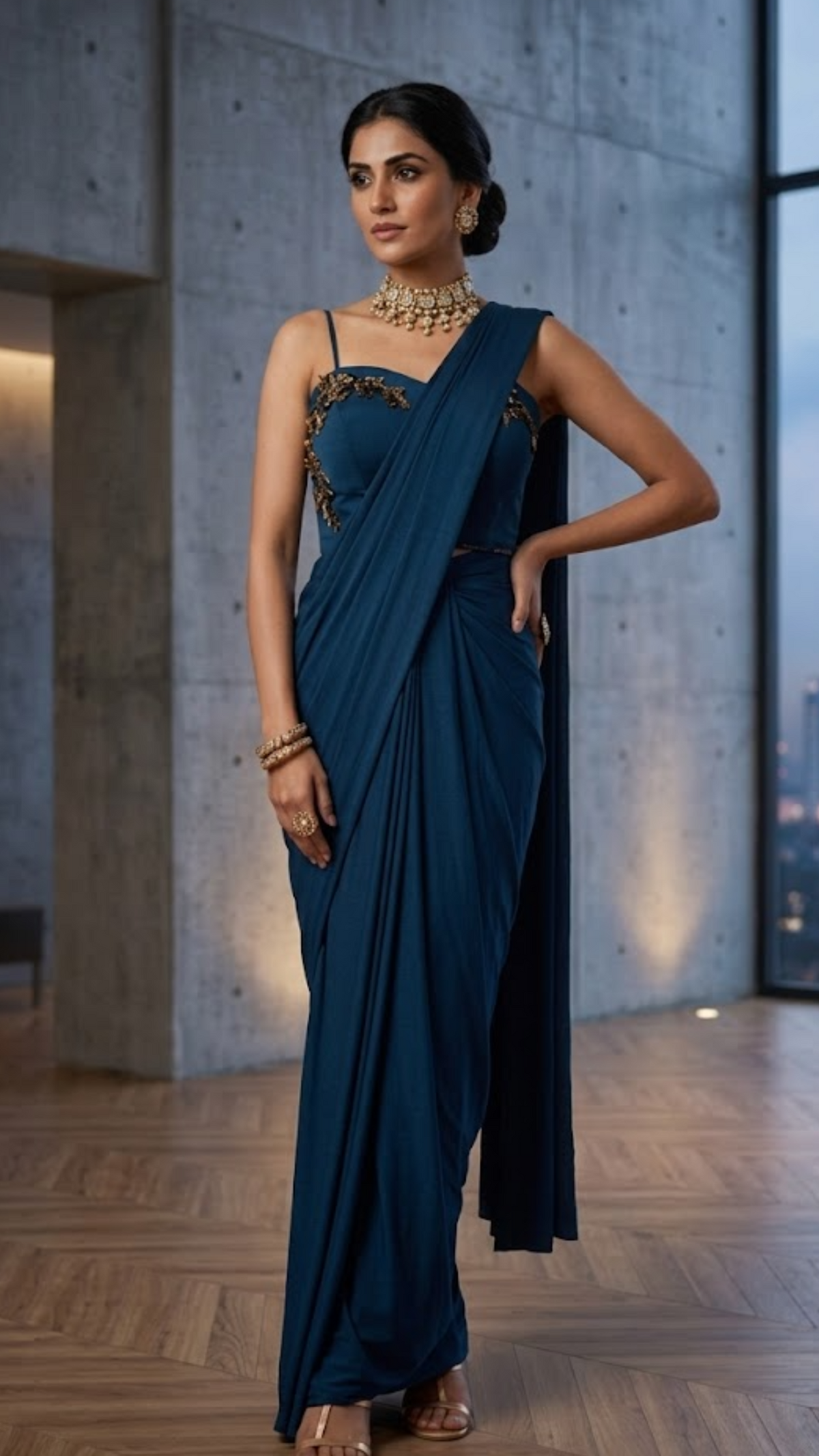 Designer Deep Sea Pre-Stitched Saree