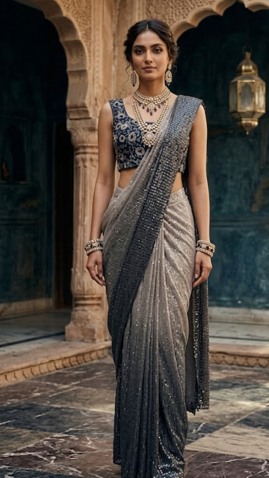 Hand-Embellished Twilight Grey Saree