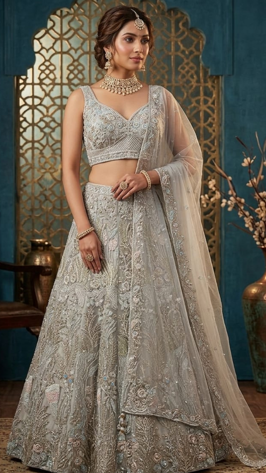 Powder Blue Designer Lehenga Set with Sleeveless Blouse and Sheer Dupatta