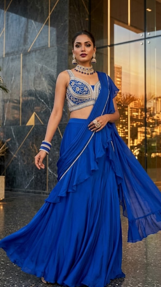 Electric Blue Pre-Draped Saree