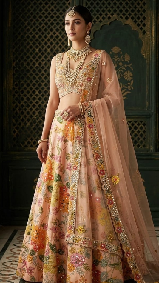 Multicolor Floral Threadwork Lehenga Choli - Pastel Ethnic Wedding Guest Outfit