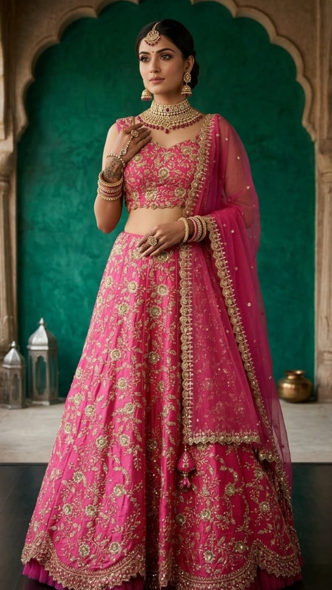 Rani Pink Silk Lehenga Choli with Gold Zari and Sequin Embroidery