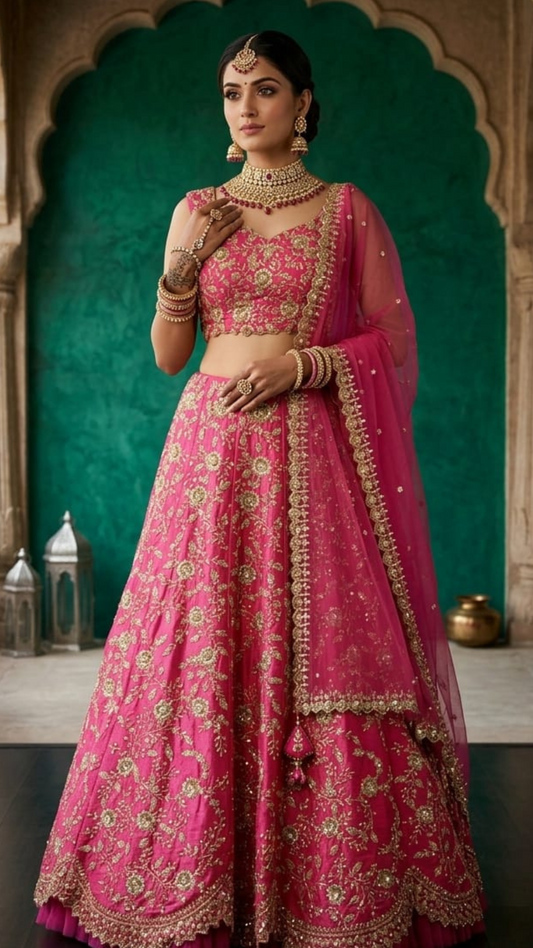 Rani Pink Silk Lehenga Choli with Gold Zari and Sequin Embroidery