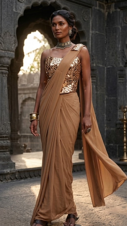 Designer Pre-Draped Saree with Geometric Mirror Blouse