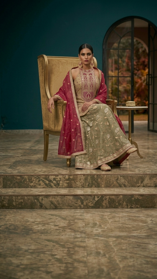 Gold-Threaded Sage & Ruby Wedding Suit
