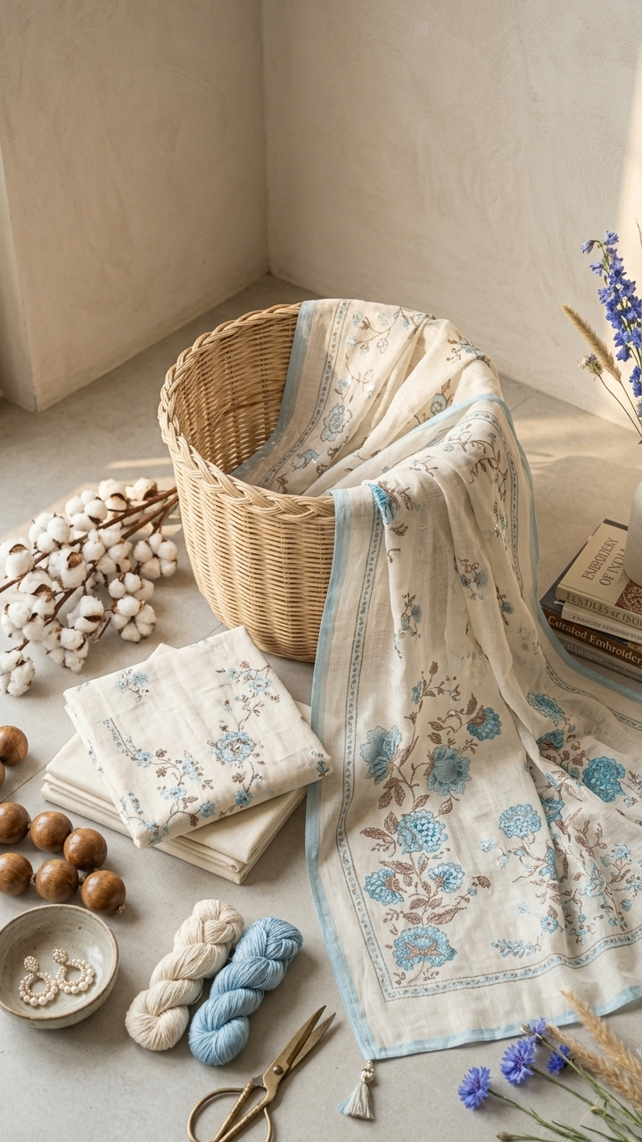 Off-White Kota Doria Unstitched Suit Set with Blue Floral Embroidery & Tasseled Dupatta
