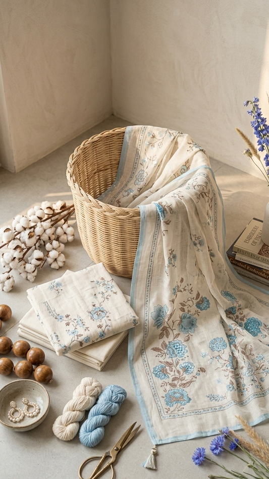 Off-White Kota Doria Unstitched Suit Set with Blue Floral Embroidery & Tasseled Dupatta