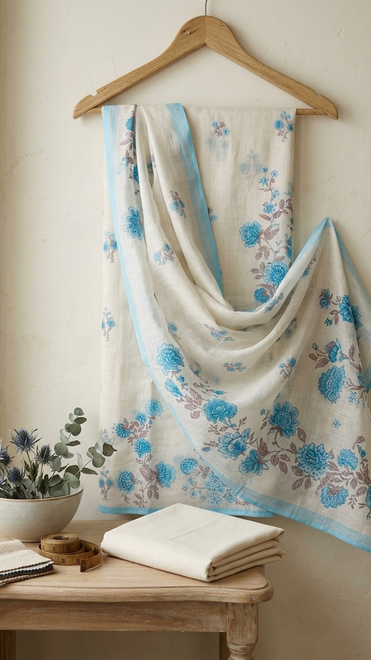 Pastel Blue Floral Unstitch Salwar Kameez Set with Tasseled Dupatta