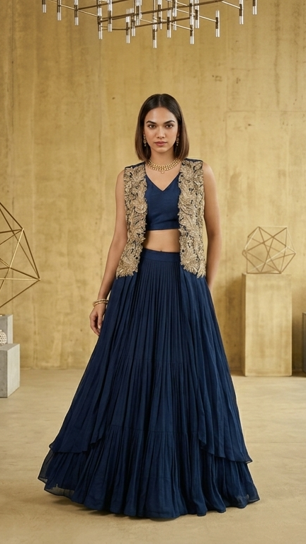 Navy Blue Pleated Indo-Western Lehenga with Gold Embroidered Jacket