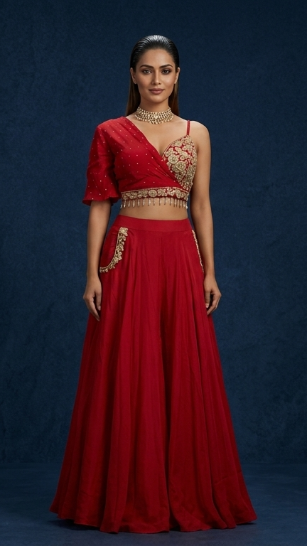 One-Shoulder Rani Pink Indo-Western Lehenga Choli with Embroidery