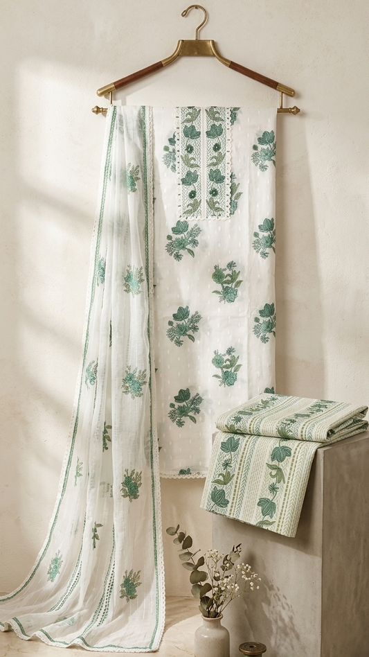 White Unstitched Suit Material with Emerald Green Botanical Embroidery & Delicate Lace Trim