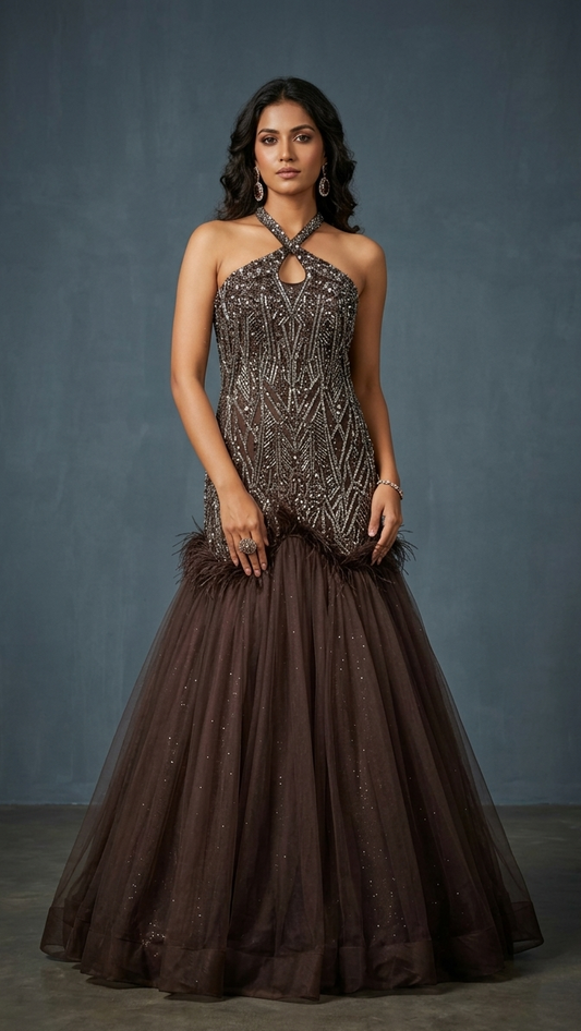 Chocolate Brown Halter-Neck Gown with Heavy Sequin Embroidery and Feathers