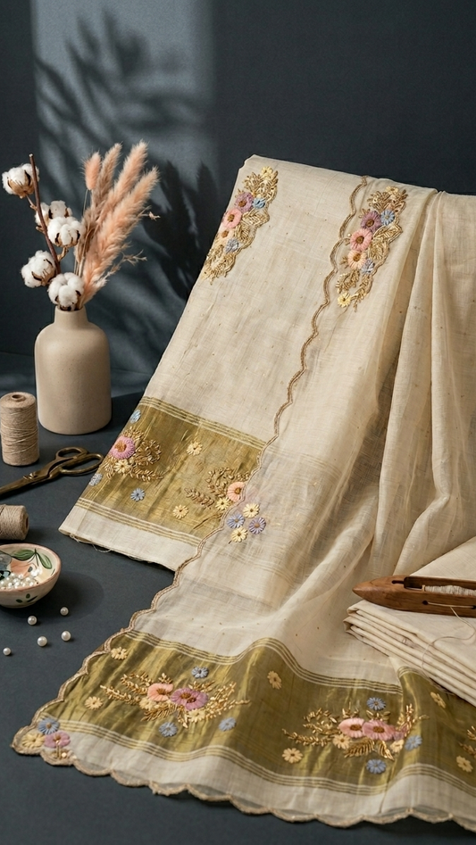 Premium Cream Unstitched Material | Multi-Color Floral Threadwork & Olive Gold Border | Elegant Occasion Wear