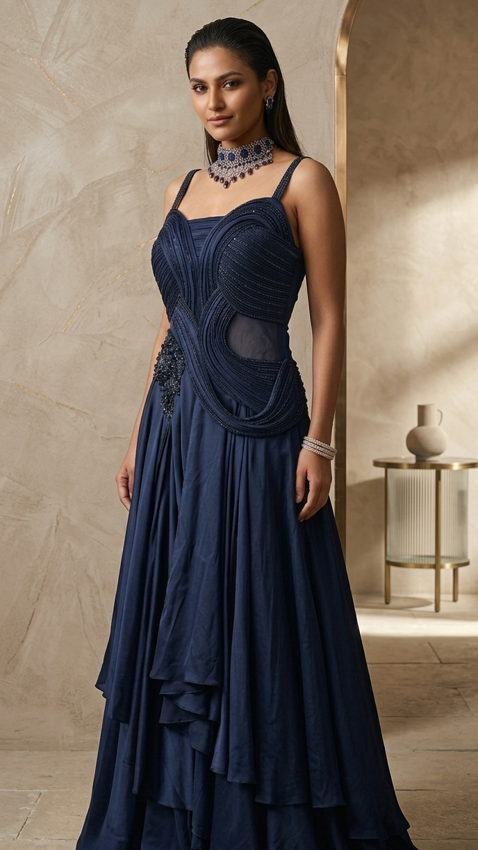 Dark Sapphire Tiered Corset Gown