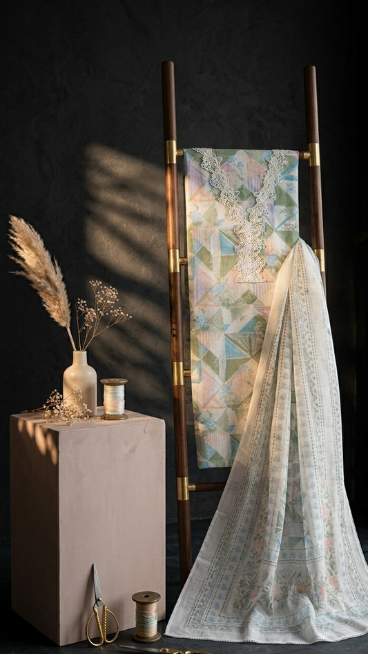 Multi-Color Abstract Mosaic Unstitched Material & Premium Summer Ethnic Wear