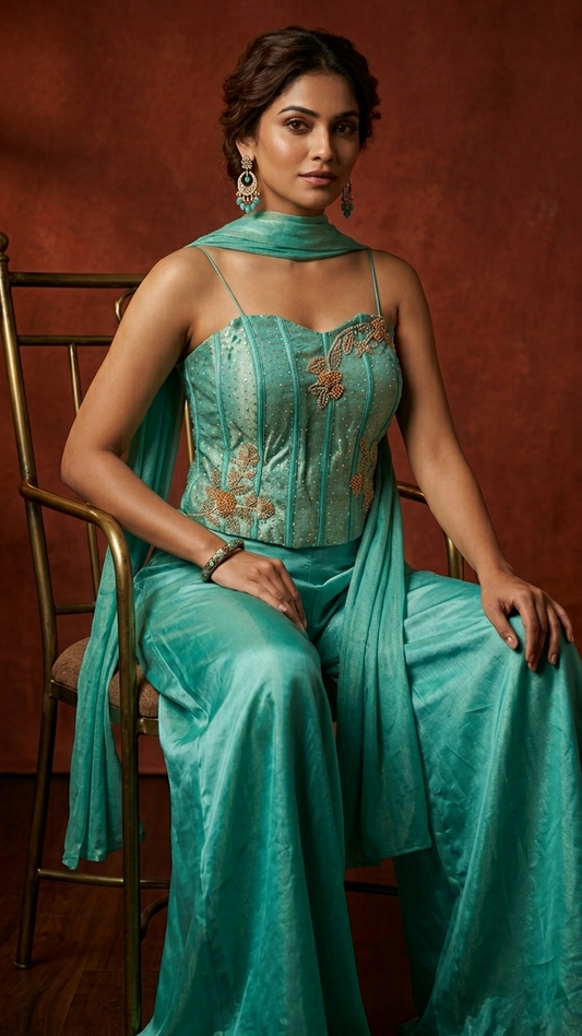 Azure Corset: Turquoise Embroidered Indo-Western Ensemble