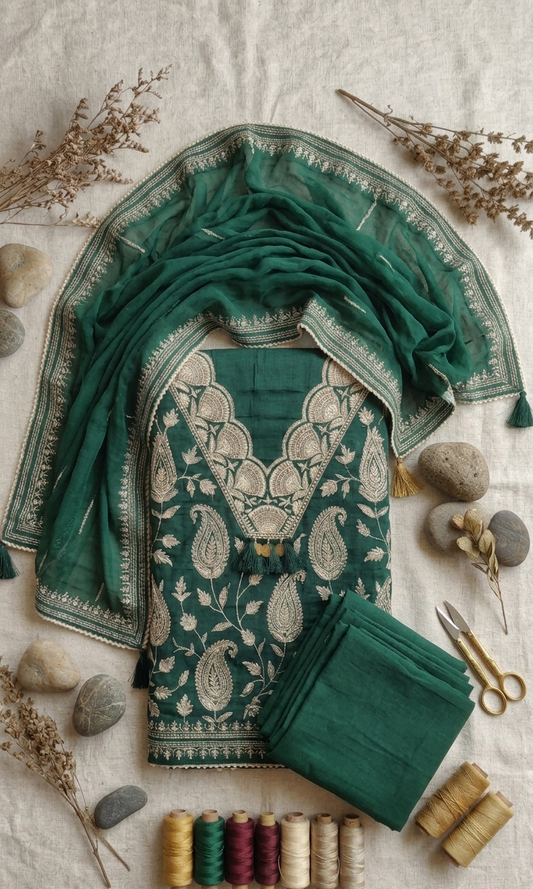 Deep Forest Green Cotton Unstitch Dress Material with Embroidered Dupatta