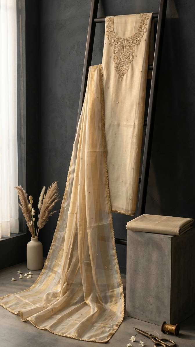 Elegant Beige Shimmer Unstitched Dress Material