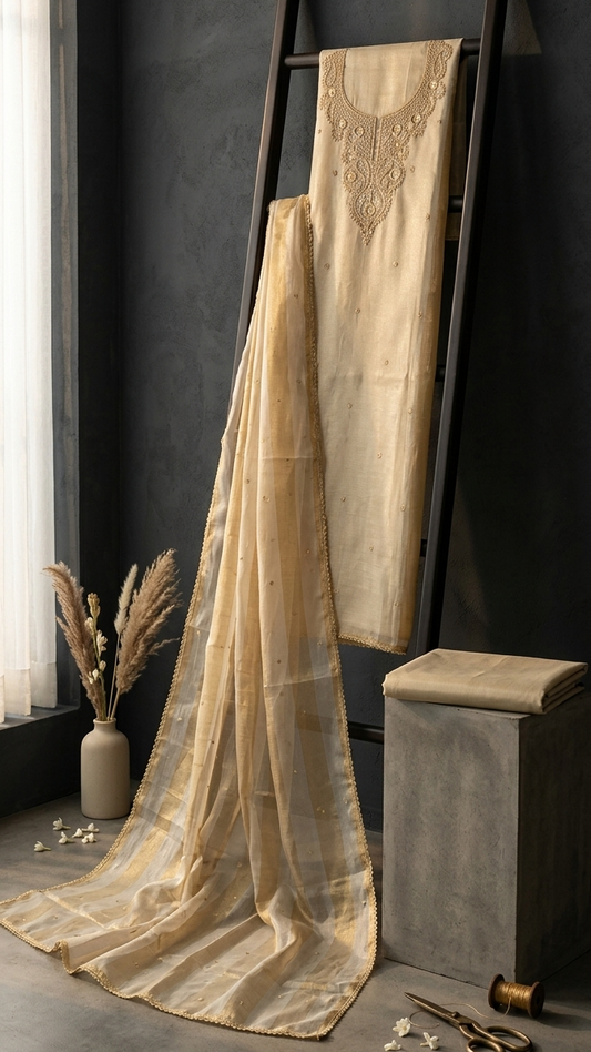 Elegant Beige Shimmer Unstitched Dress Material