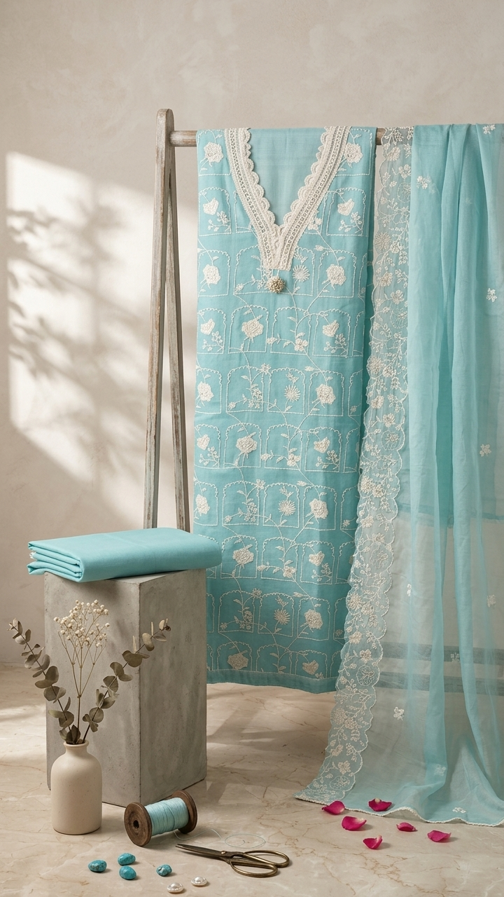 Pastel Blue Floral Jaal Unstitched Cotton Set with Lace Neckline