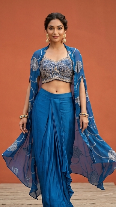 Royal Blue Three-Piece Indo-Western Set with Embroidered Cape and Dhoti Skirt