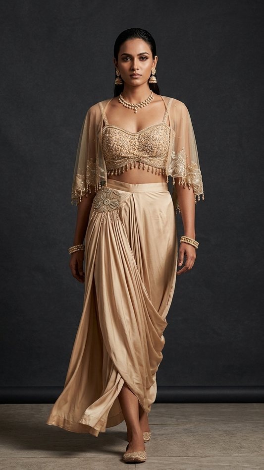 Champagne Gold Dhoti Style Lehenga with Embroidered Bustier and Cape