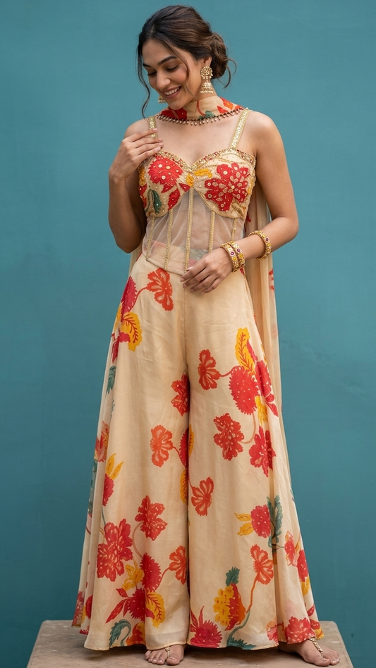 Beige Floral Indo-Western Set with Embroidered Corset Top and Flared Palazzos
