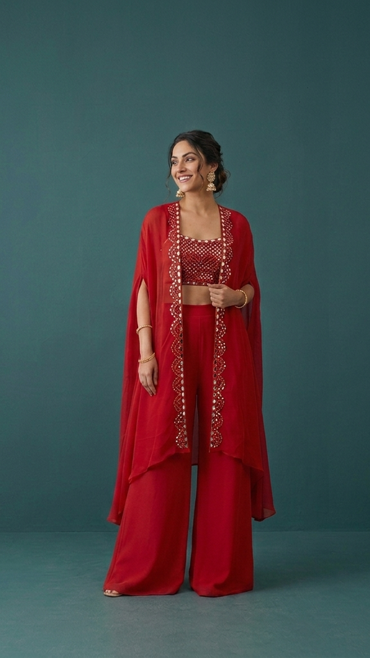 Designer Red Indo-Western Co-ord Ensemble